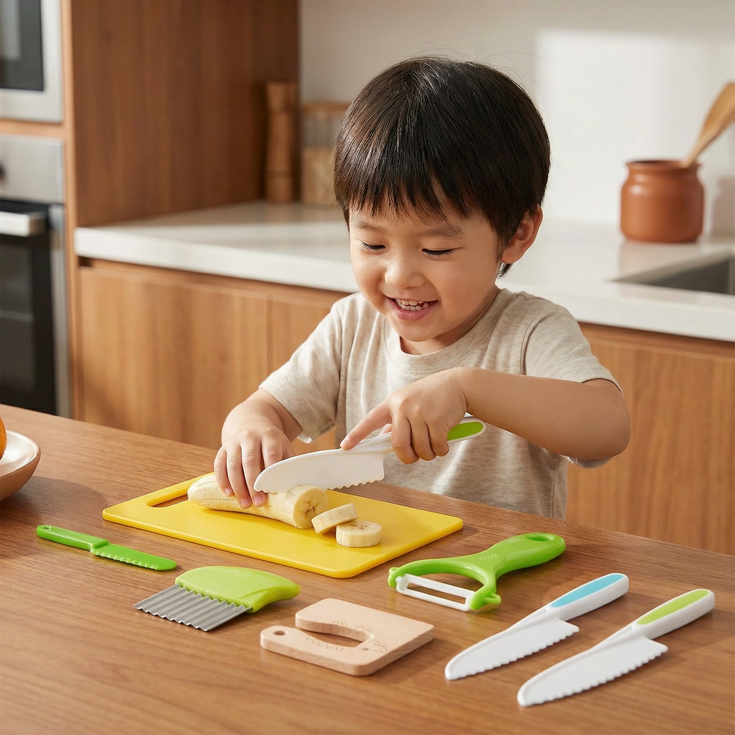 Childrens Play Kitchen Tool Set with Easy Grip Handles and Pretend Cooking Accessories