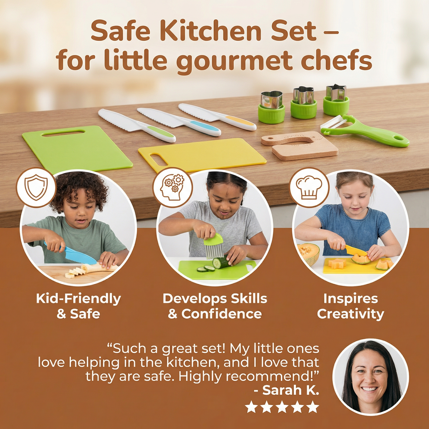 Childrens Play Kitchen Tool Set with Easy Grip Handles and Pretend Cooking Accessories