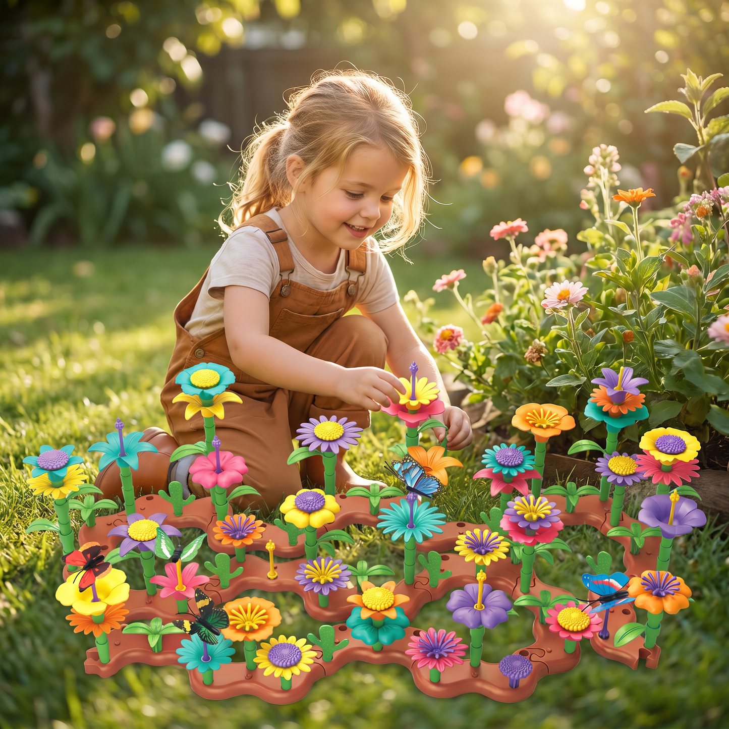 Flower Pegging Game with Multiple Peg Shapes and Color Variety