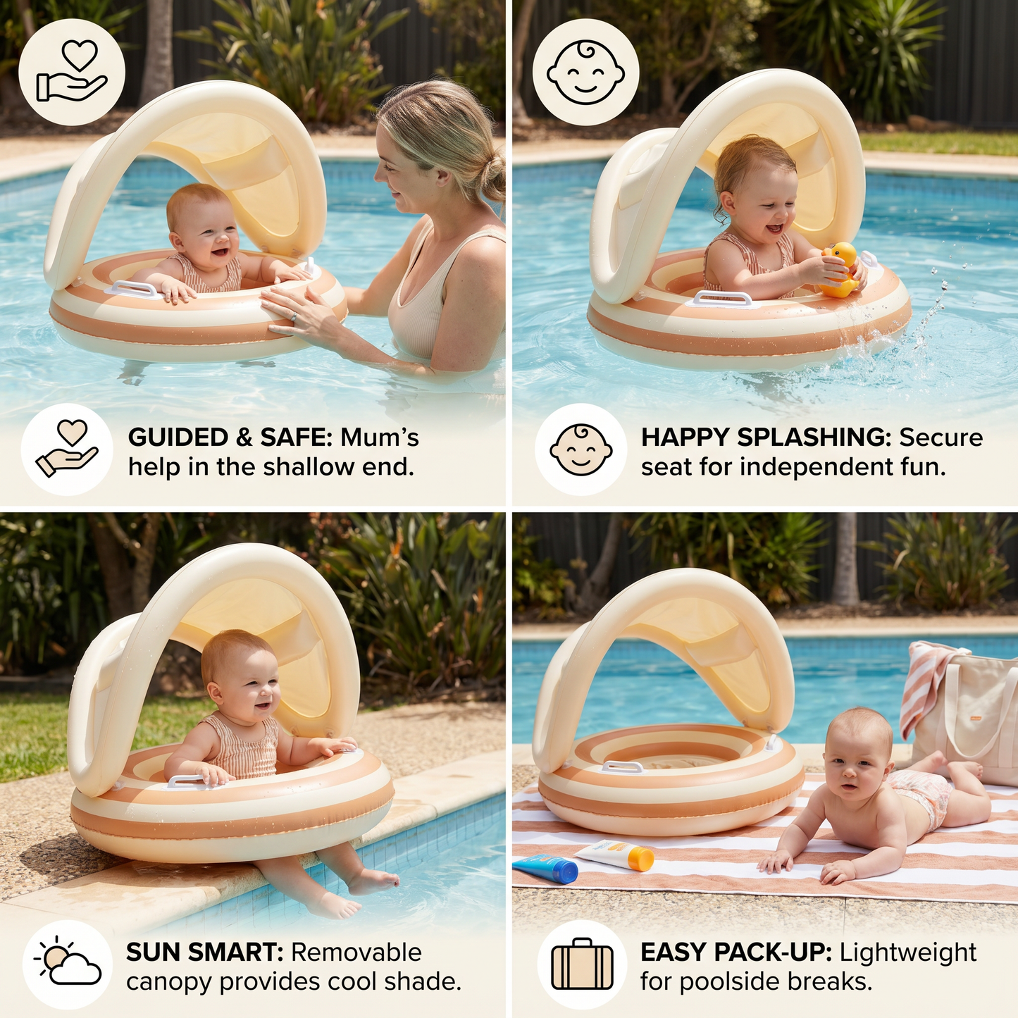 Inflatable Baby Swim Ring with Removable Sun Canopy and Secure Seat, 6 to 36 Months