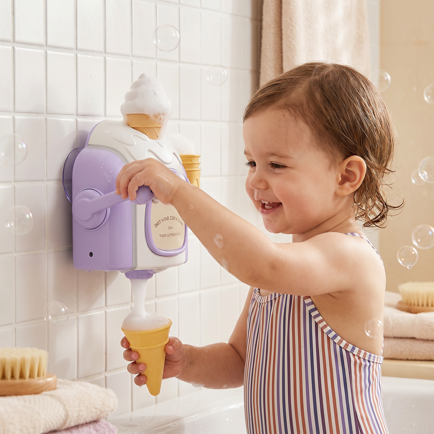 Ice Cream Bubble Maker Bath Toy with Suction Cup and Battery Operation