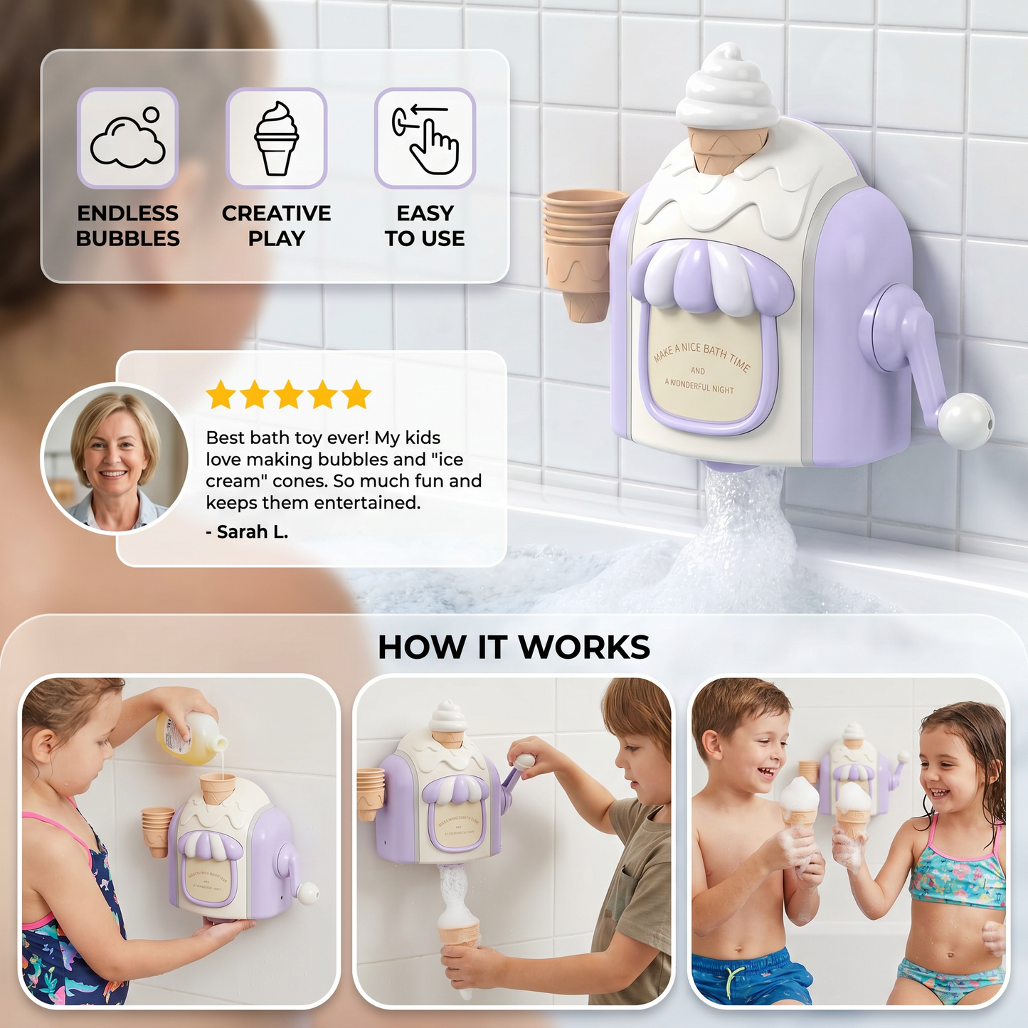 Ice Cream Bubble Maker Bath Toy with Suction Cup and Battery Operation