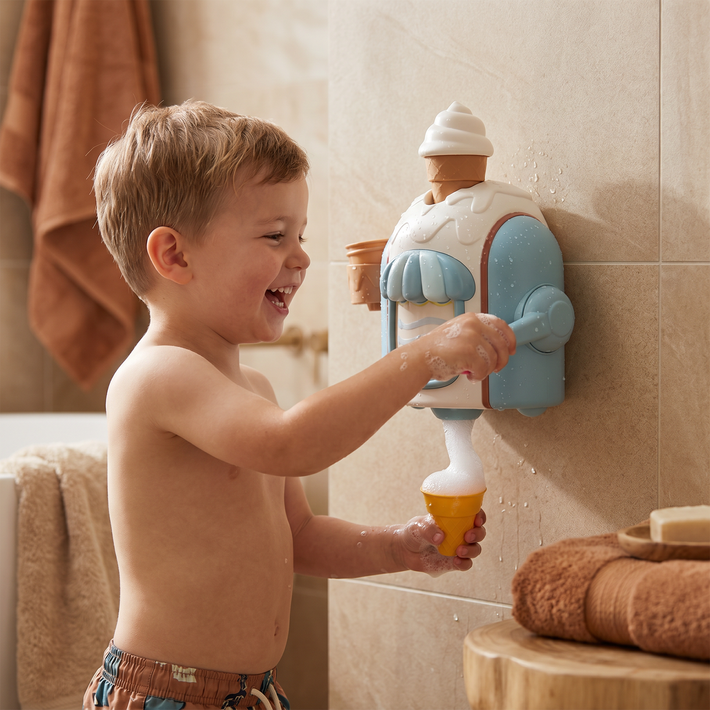 Ice Cream Bubble Maker Bath Toy with Suction Cup and Battery Operation