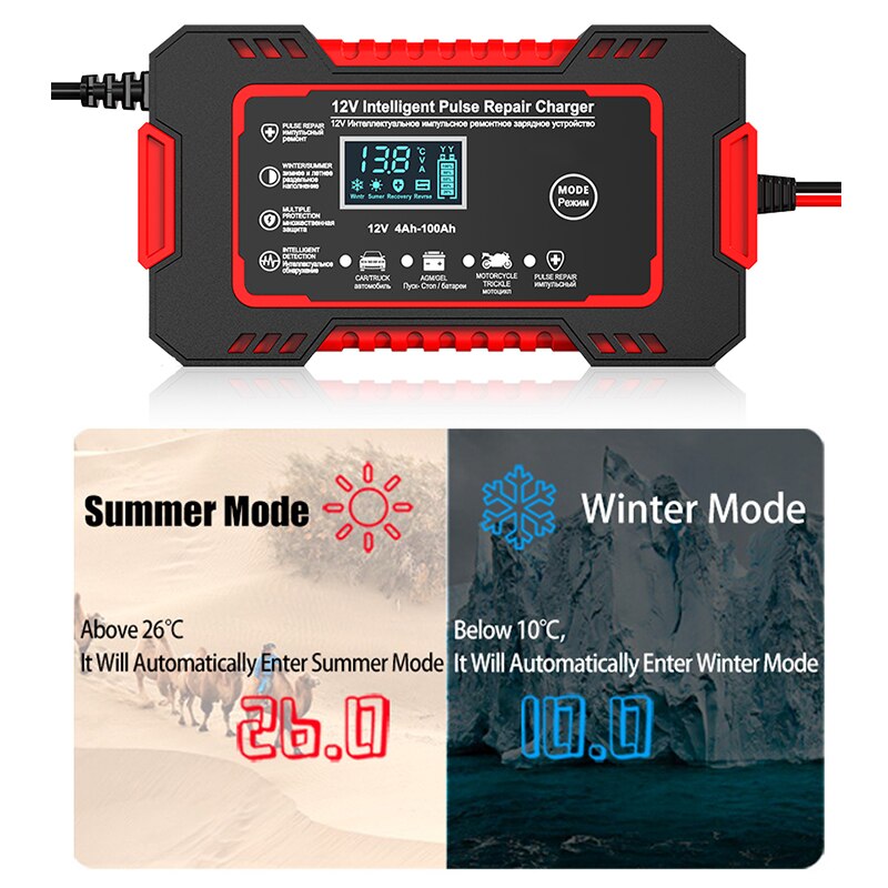 12V 6A Battery Charger with Pulse Repair Technology and LCD Display