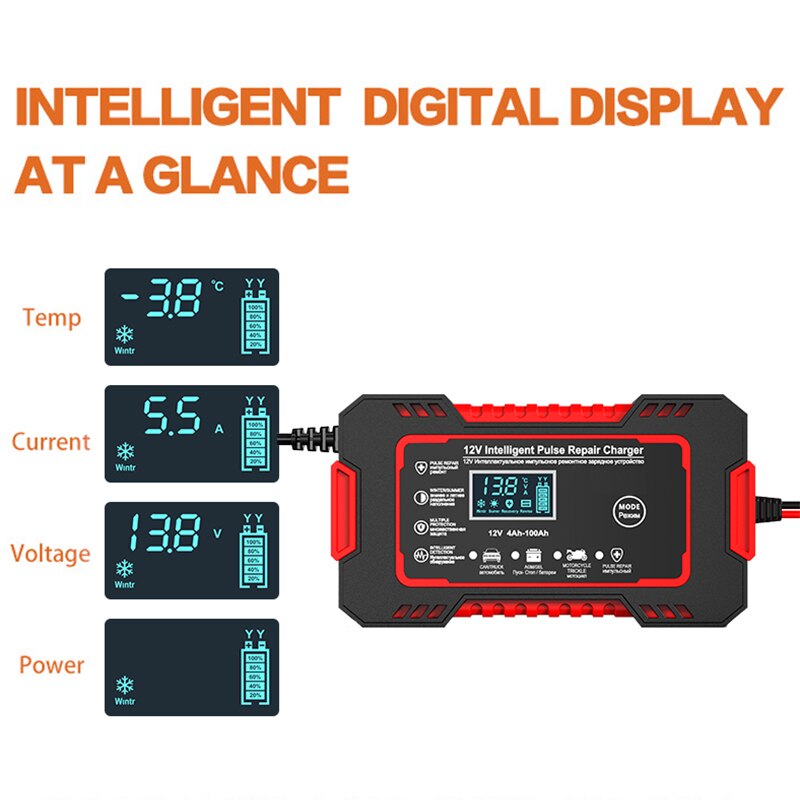 12V 6A Battery Charger with Pulse Repair Technology and LCD Display