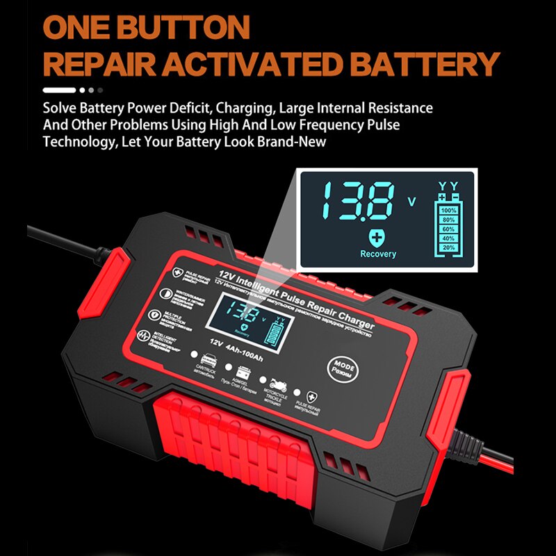 12V 6A Battery Charger with Pulse Repair Technology and LCD Display