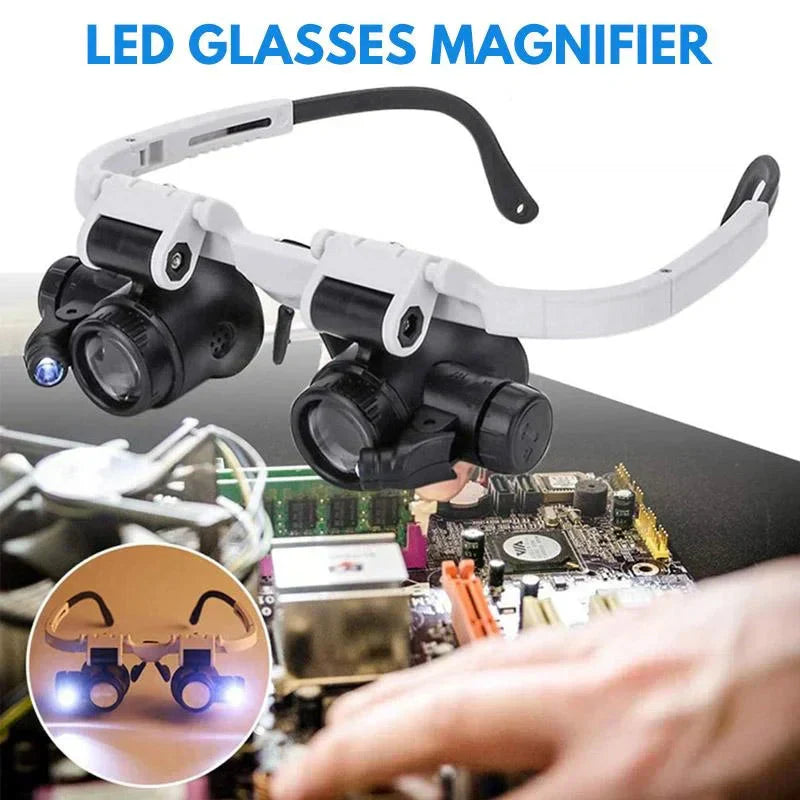 Hands-Free Magnifier Headset with Pivoting LED Lights and Three Interchangeable Lenses