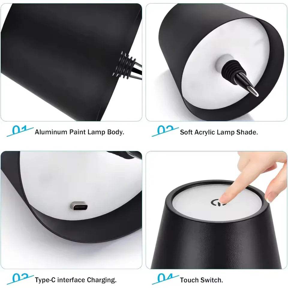 Collage of a black LED Bottle Table Lamp  with features highlighted, including aluminum paint body, soft acrylic shade, Type-C charging, and touch switch.