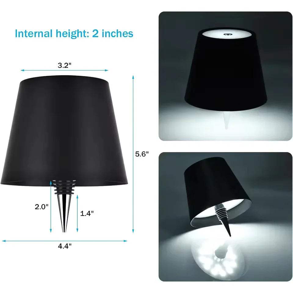 Black LED Bottle Table Lamp  with measurements and light emission shown on a white background