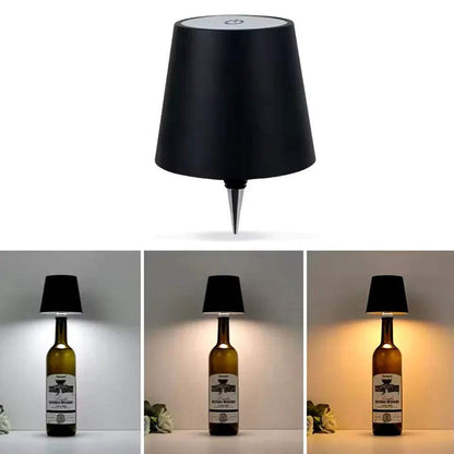 Black LED Bottle Table Lamp  on a bottle with light output shown in different settings.