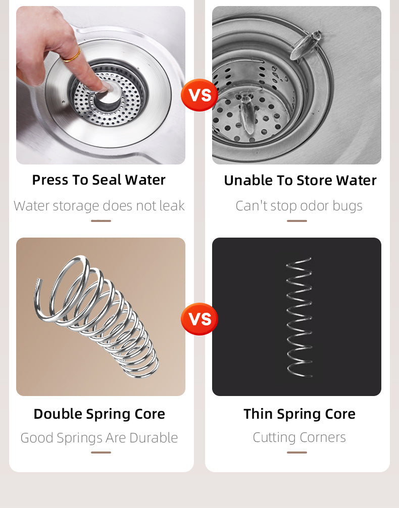 Push Button Sink Drain Strainer with Steel Basket and Silicone Seal