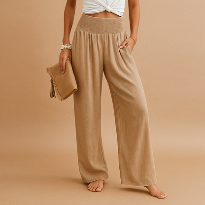Elegant High Waist Linen Trousers for Women – Casual Elastic Waist