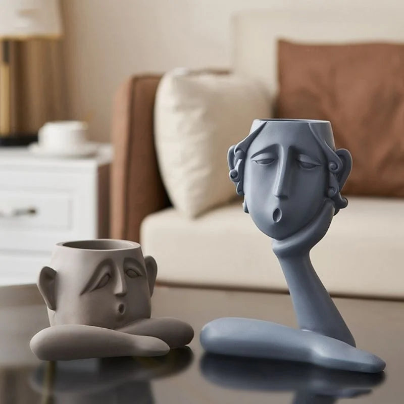 Face Shaped Plant Vases Set with Ceramic Construction and Sculptural Details
