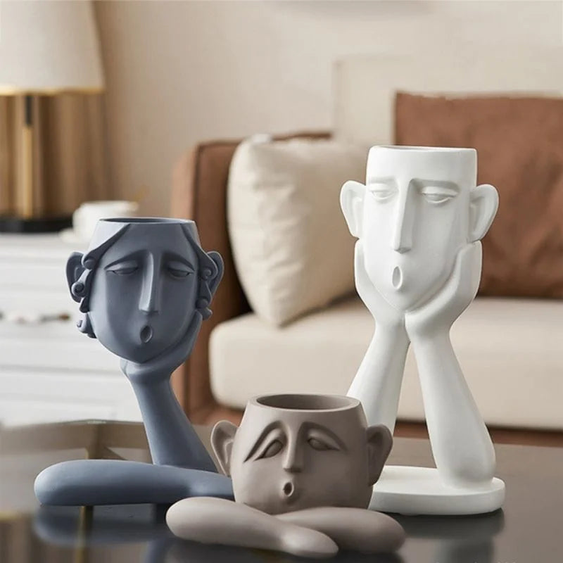 Face Shaped Plant Vases Set with Ceramic Construction and Sculptural Details