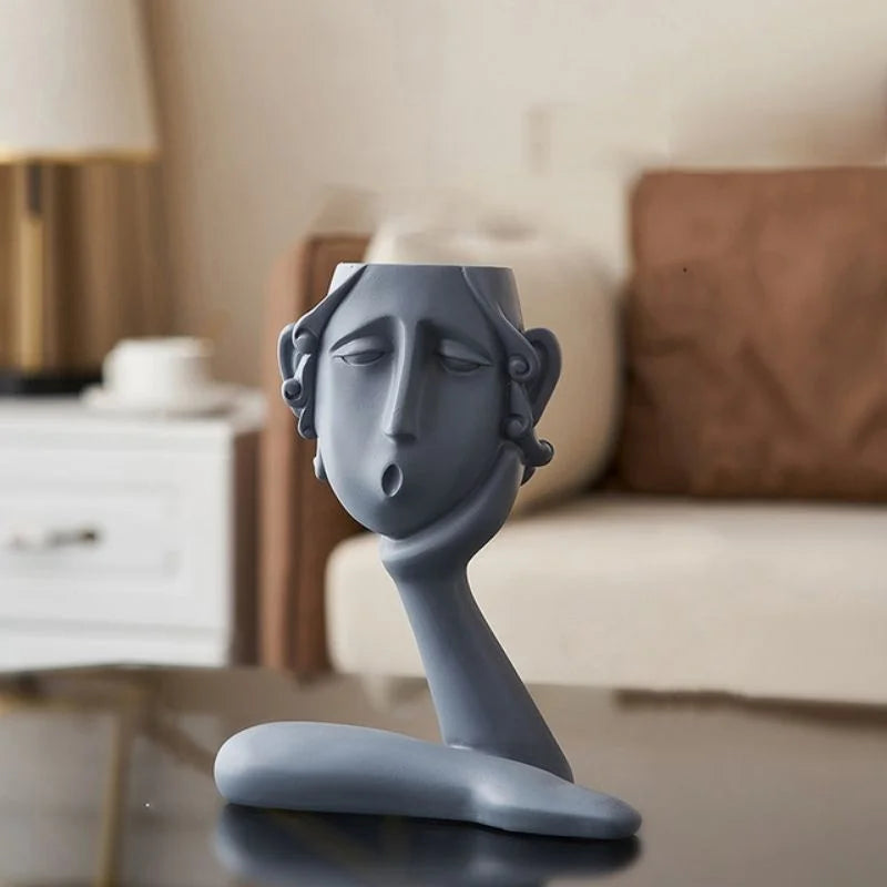 Face Shaped Plant Vases Set with Ceramic Construction and Sculptural Details
