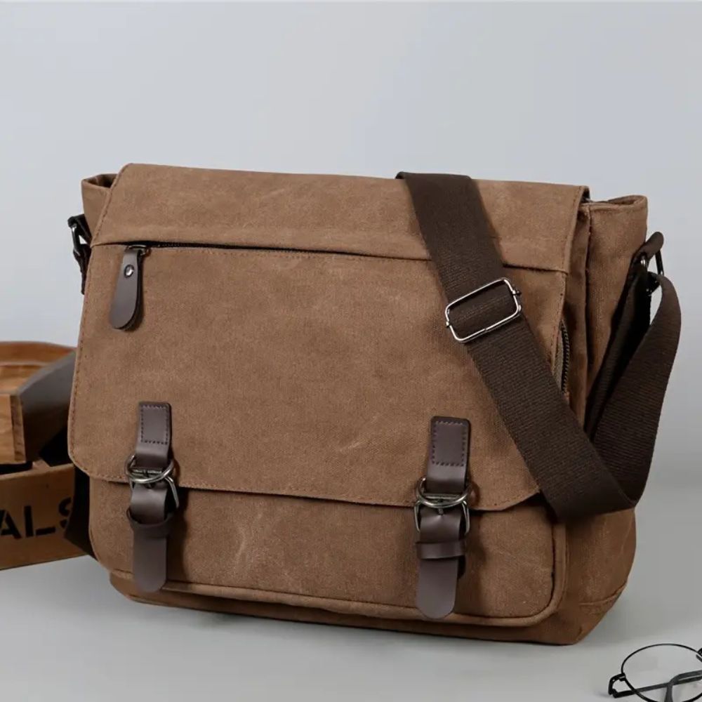 Canvas Messenger Bag with Laptop Compartment and Multiple Pockets, Adjustable Strap