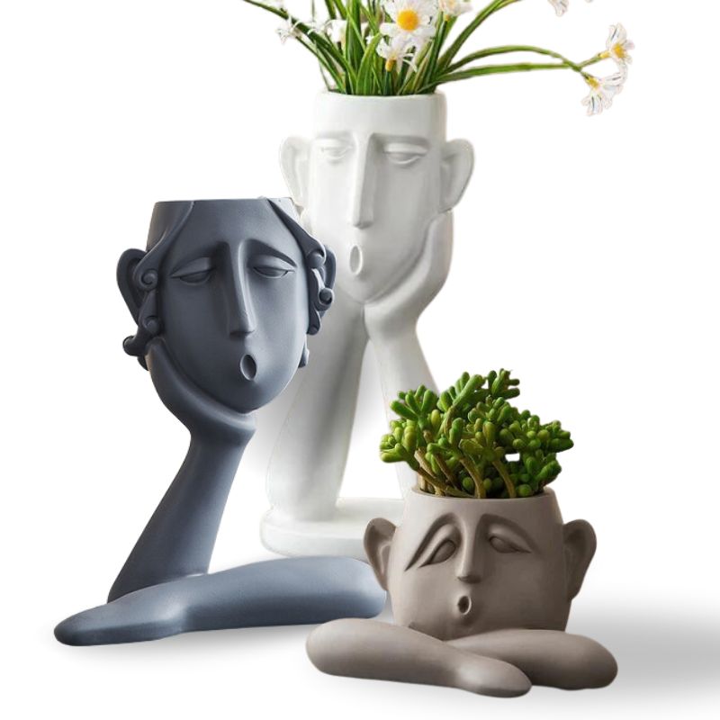 Face Shaped Plant Vases Set with Ceramic Construction and Sculptural Details