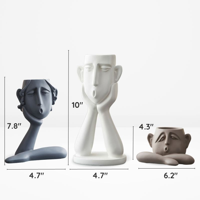 Face Shaped Plant Vases Set with Ceramic Construction and Sculptural Details