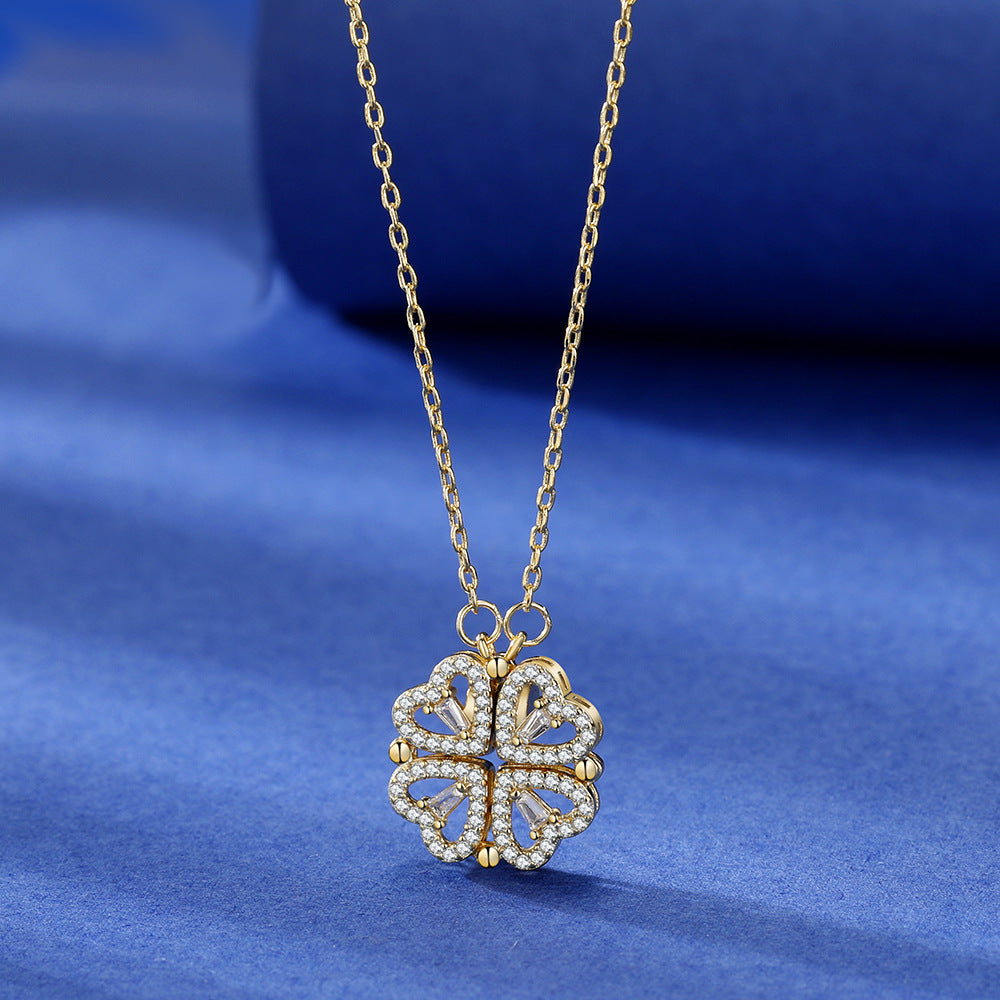 Four Heart Clover Pendant Necklace with Preserved Roses and Gift Box