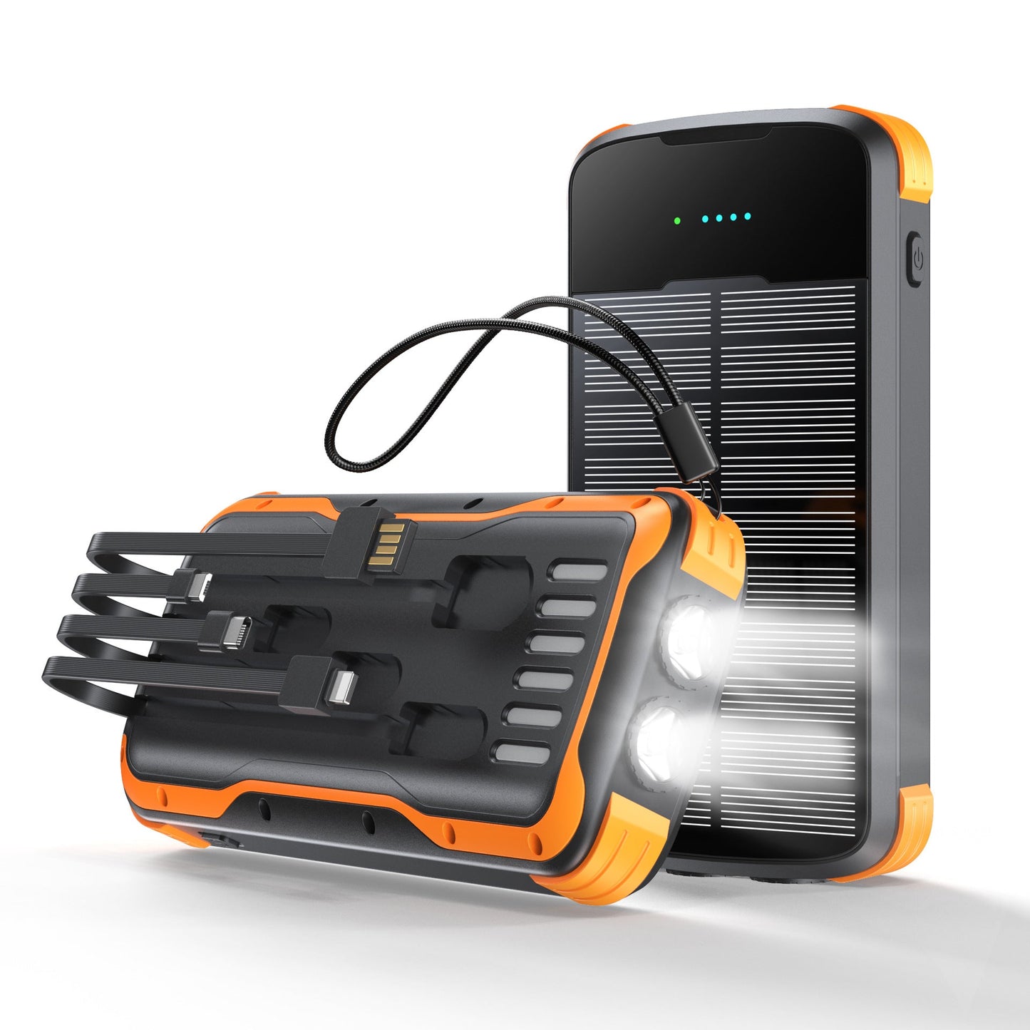 Solar Power Bank with Built In Multi-Tip Cables and LED Floodlight for Outdoor Charging