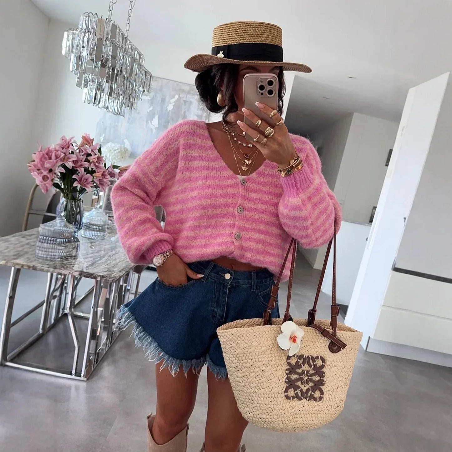 Oversized Striped V-Neck Women's Cardigan - Vicky