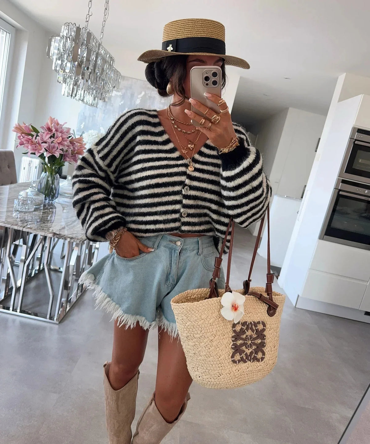Oversized Striped V-Neck Women's Cardigan - Vicky