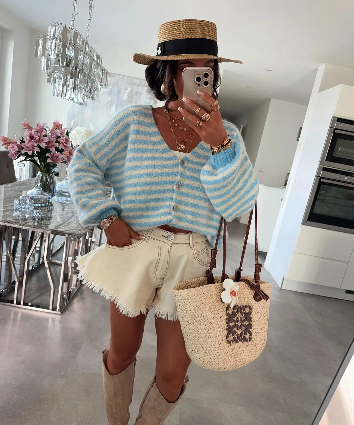 Oversized Striped V-Neck Women's Cardigan - Vicky