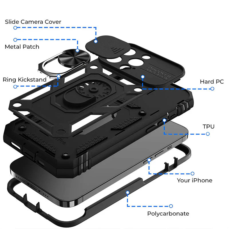 Phone Case with Magnetic Kickstand and Camera Slider for Models 12-16