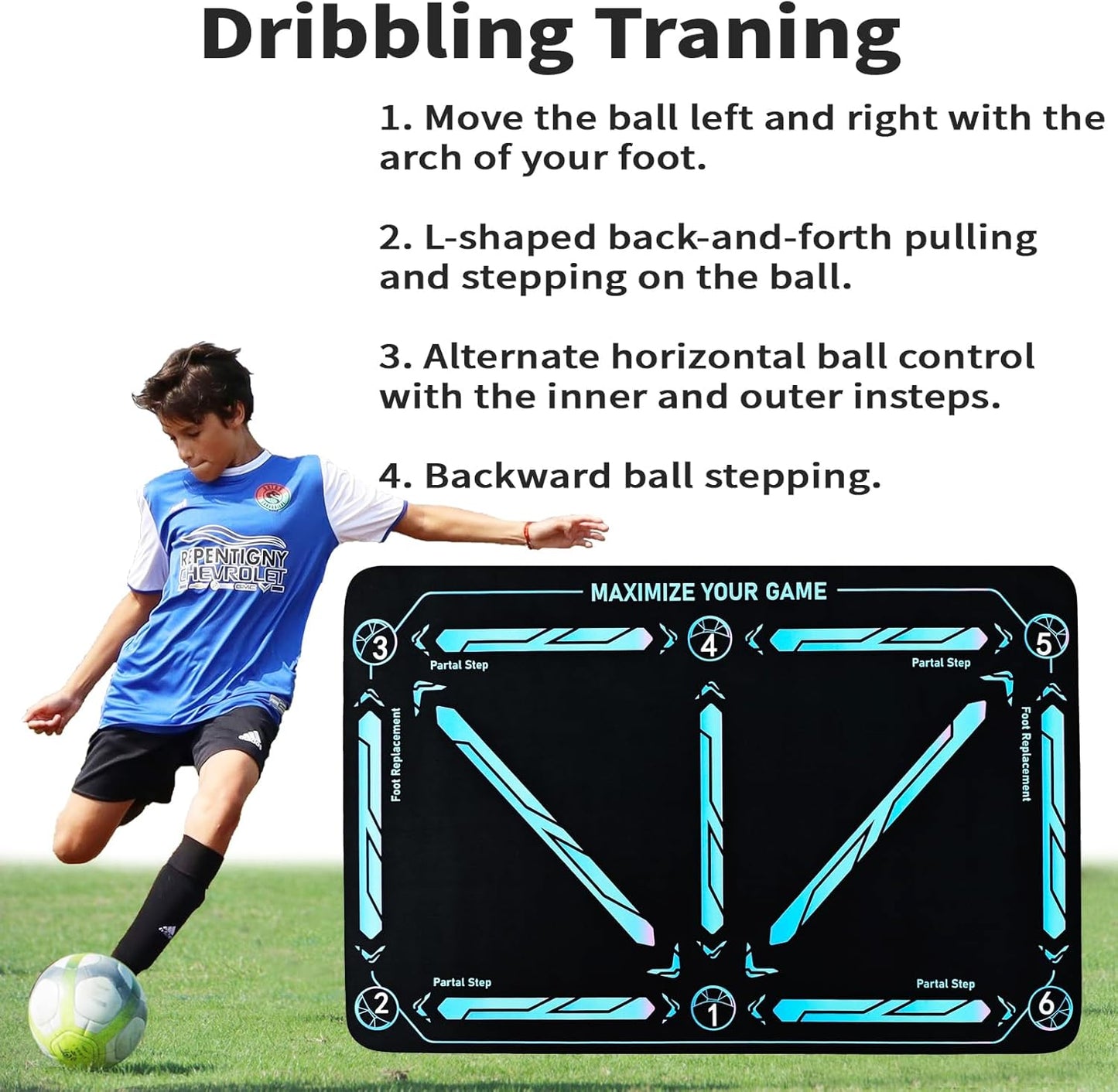 Soccer Training Mat with Numbered Grid and Elastic Cord for Footwork Drills