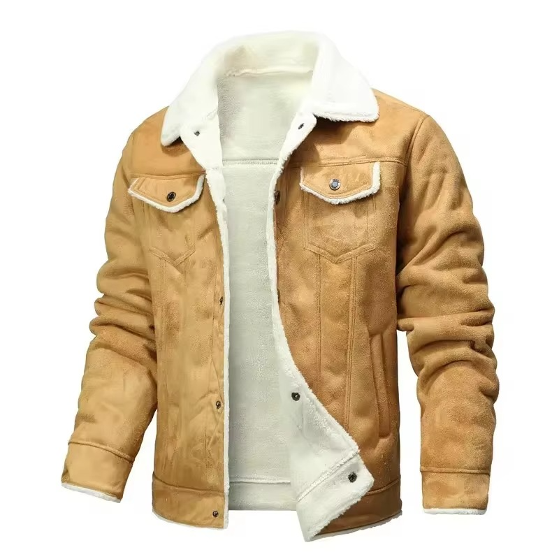 Mens Suede Winter Coat with Fleece Lining and Dual Zipper Button Closure
