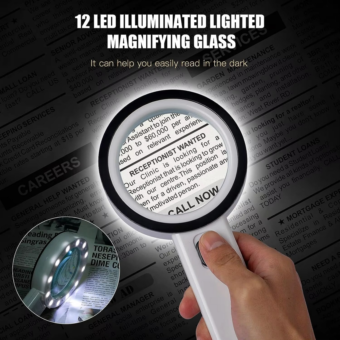 Handheld 30X Optical Magnifying Glass with LED Lights for Reading