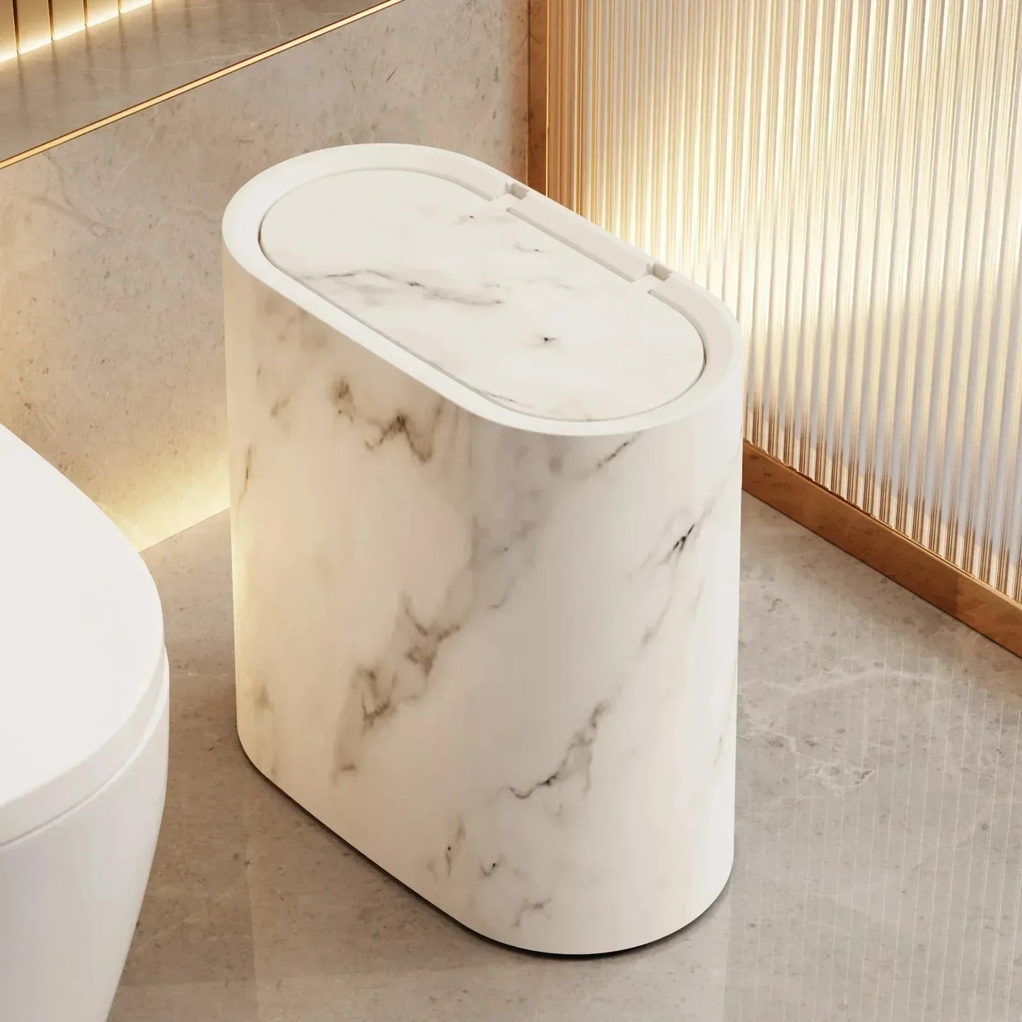 Push Top Trash Can with Marble Texture and Elliptical Corner Shape