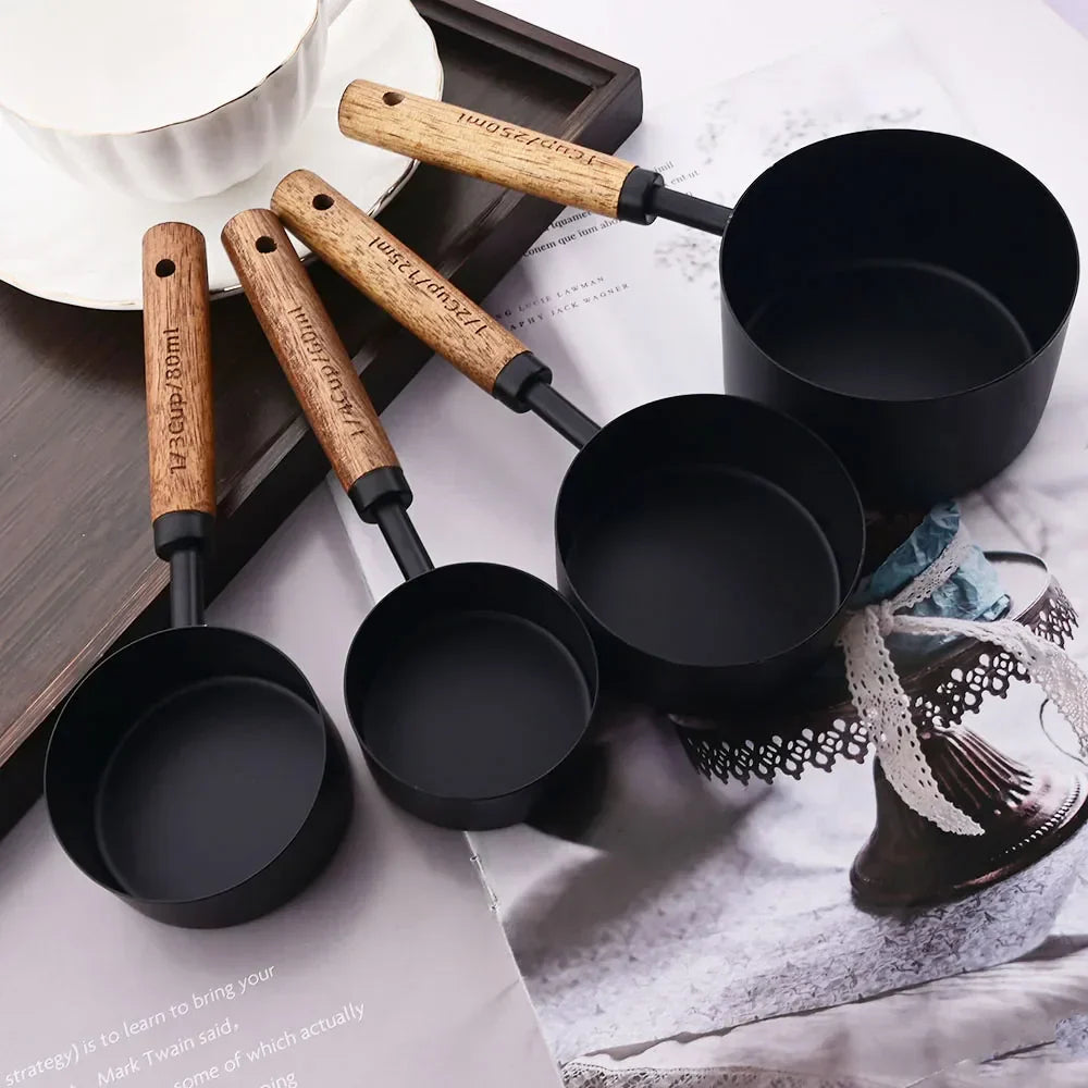 Measuring Cup and Spoon Set with Engraved Markings and Wooden Handles, 8-Piece