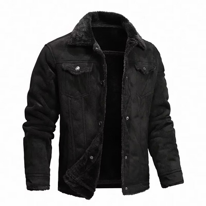 Mens Suede Winter Coat with Fleece Lining and Dual Zipper Button Closure