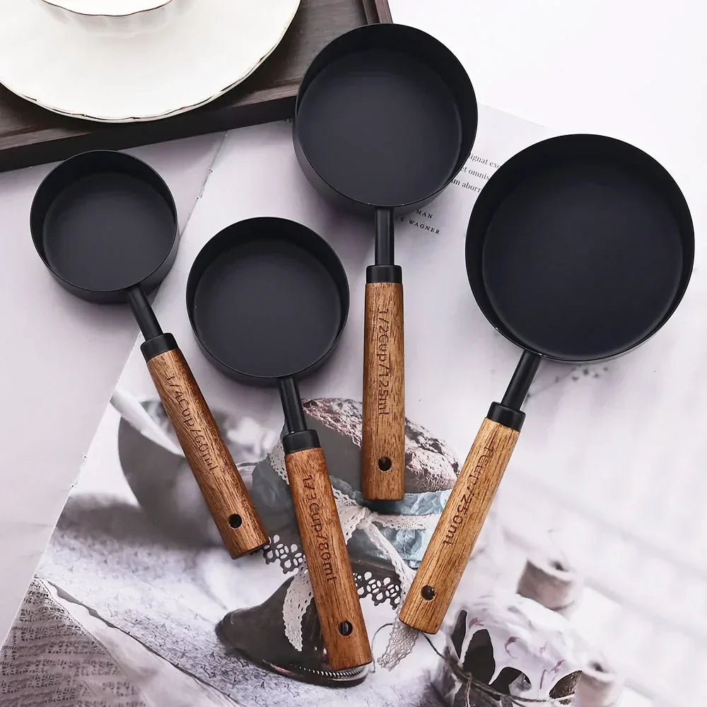 Measuring Cup and Spoon Set with Engraved Markings and Wooden Handles, 8-Piece