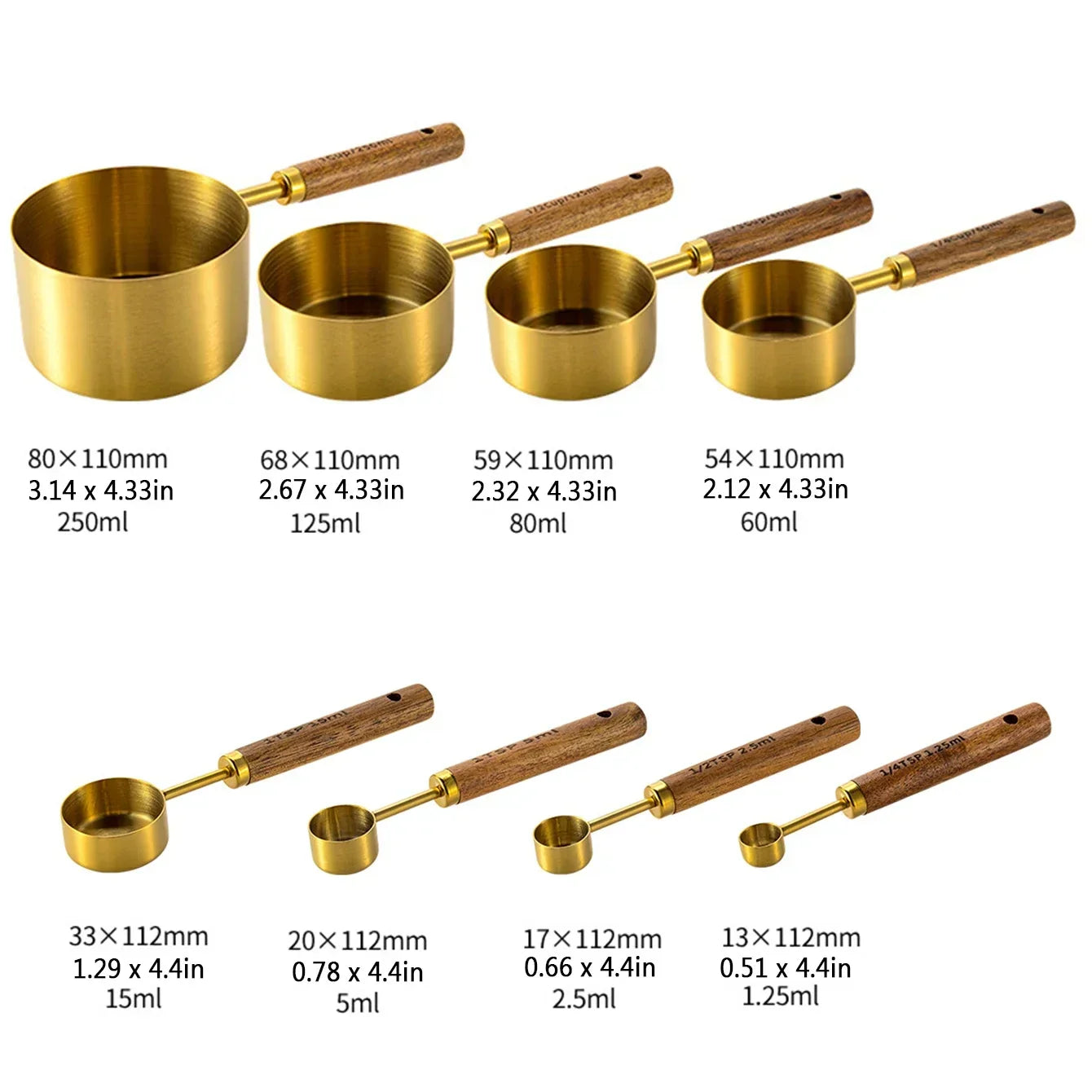 Measuring Cup and Spoon Set with Engraved Markings and Wooden Handles, 8-Piece
