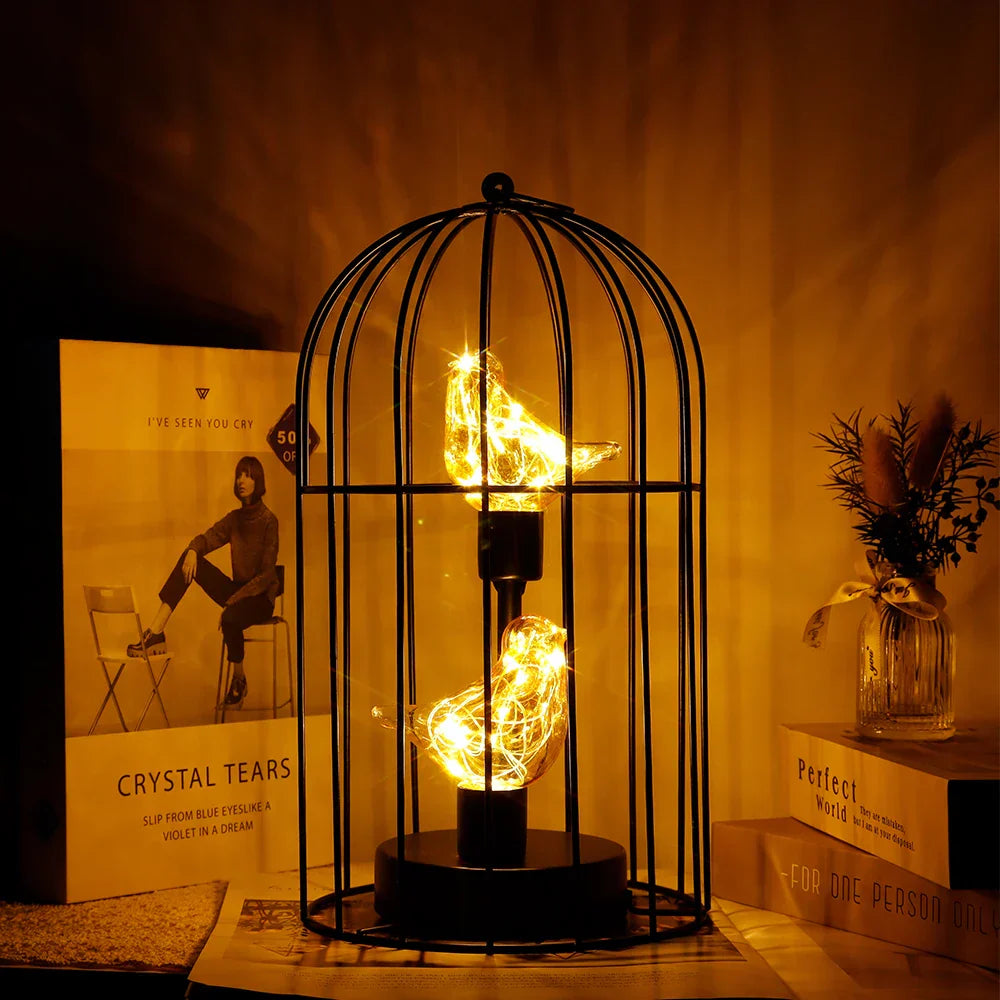 Warm White Fairy Light Birdcage Lamp with Metal Frame and Bird Accent