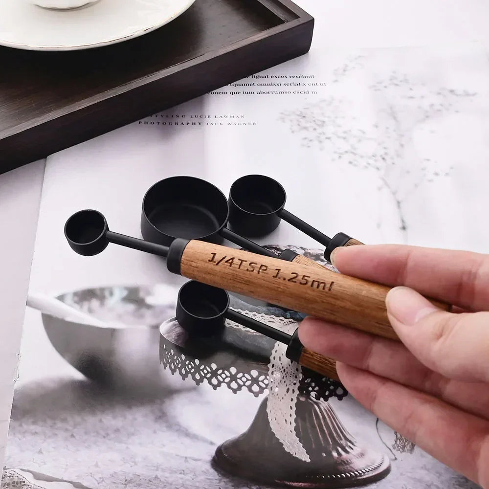Measuring Cup and Spoon Set with Engraved Markings and Wooden Handles, 8-Piece