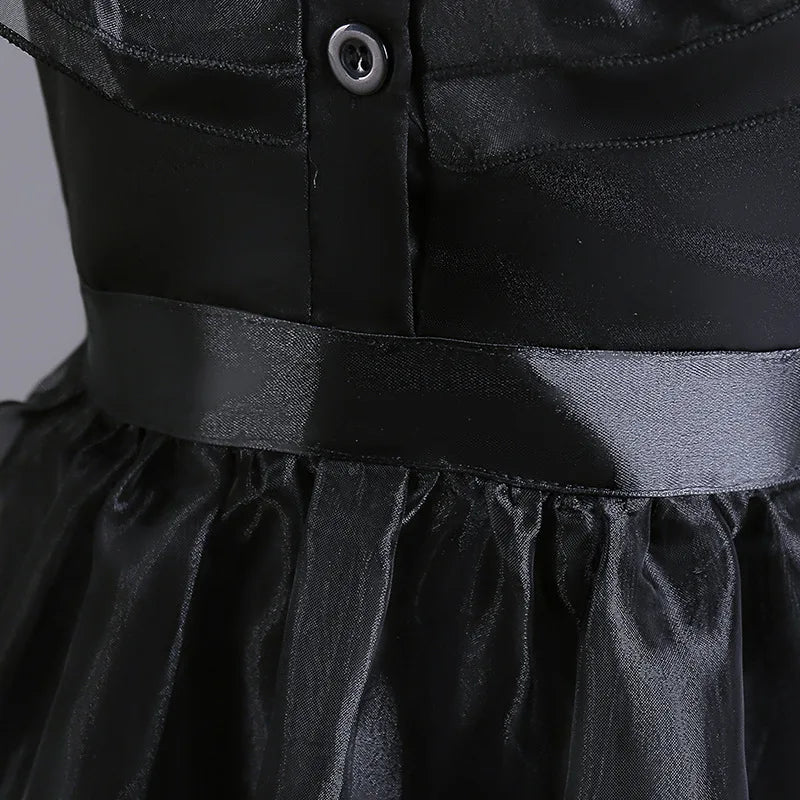 Girls Black Layered Cake Gown with Mesh Details and Mid Calf Length