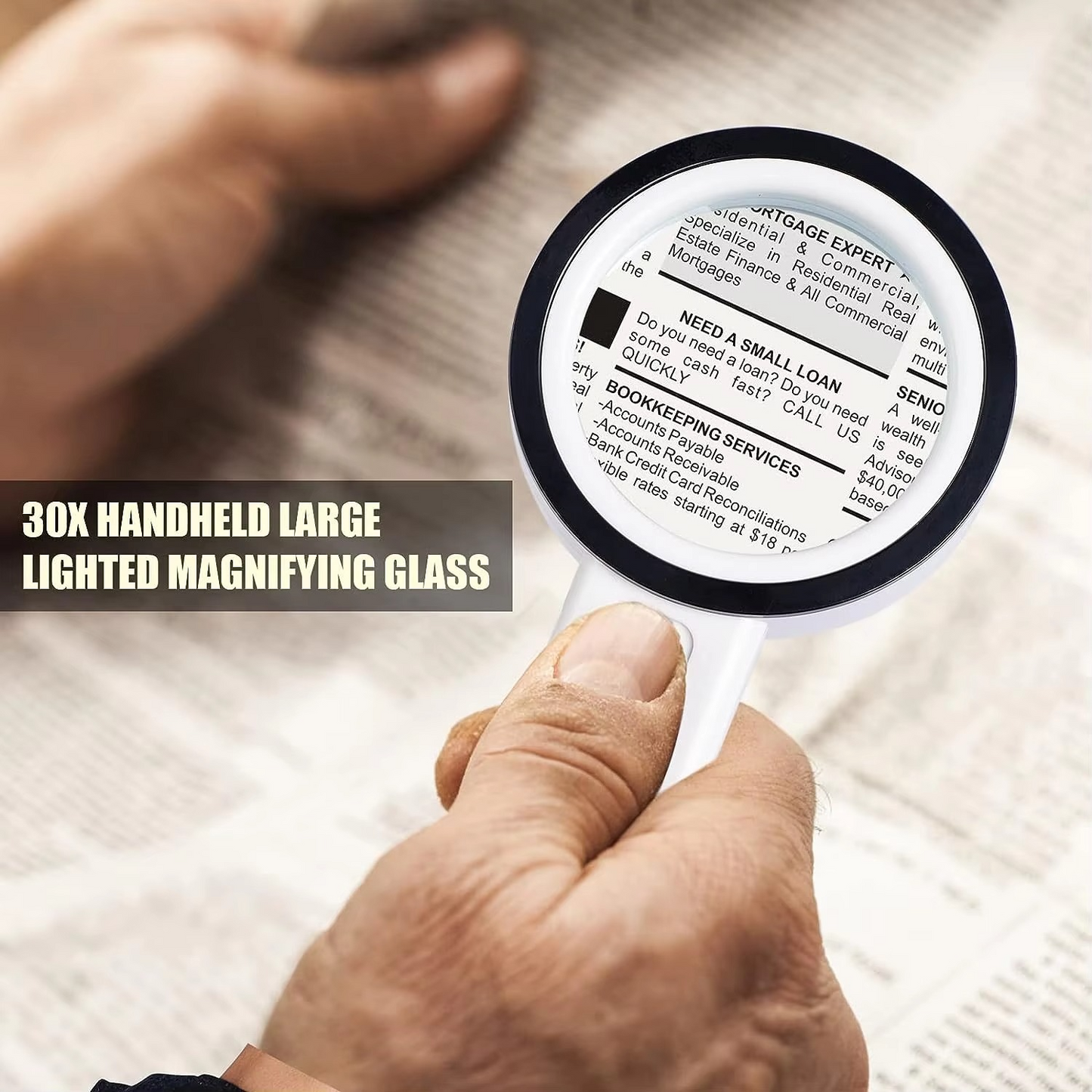 Handheld 30X Optical Magnifying Glass with LED Lights for Reading