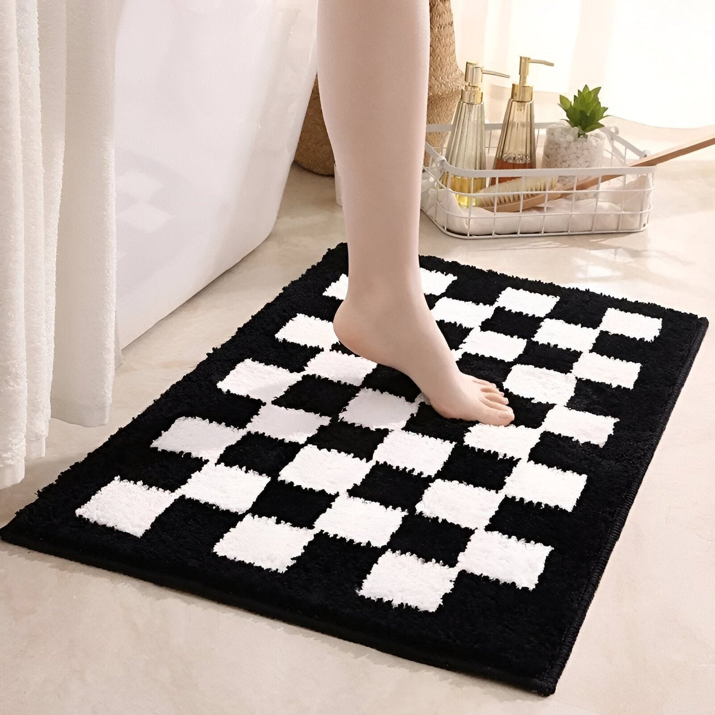 Checkered Microfiber Bath Mat with Black and White Pattern, Machine Washable