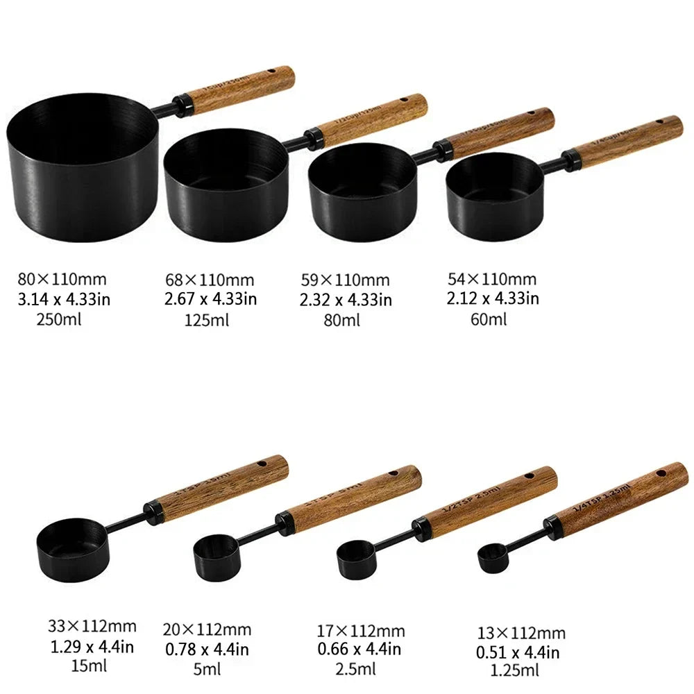 Measuring Cup and Spoon Set with Engraved Markings and Wooden Handles, 8-Piece