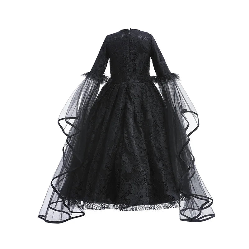 Girls Evil Queen Cosplay Dress with Lace Ruffle Details and Mid Calf Length, Ages 4-6