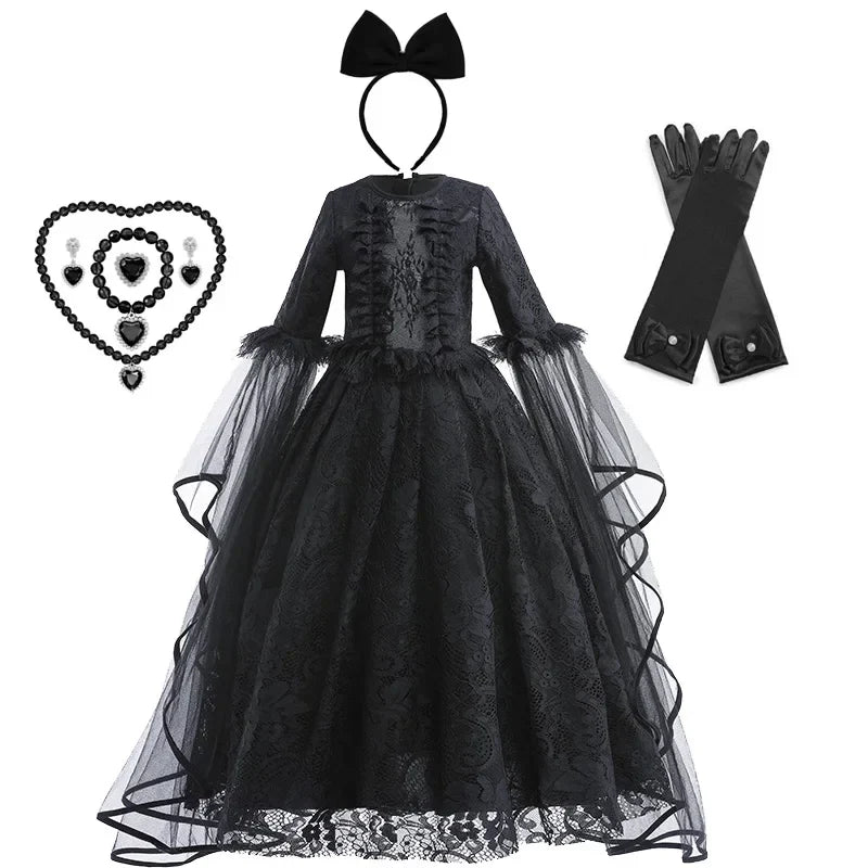 Girls Evil Queen Cosplay Dress with Lace Ruffle Details and Mid Calf Length, Ages 4-6