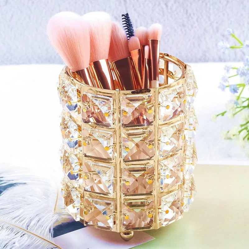 Makeup Brush Holder with Crystal Beads and Stainless Steel Frame, Gold or Silver
