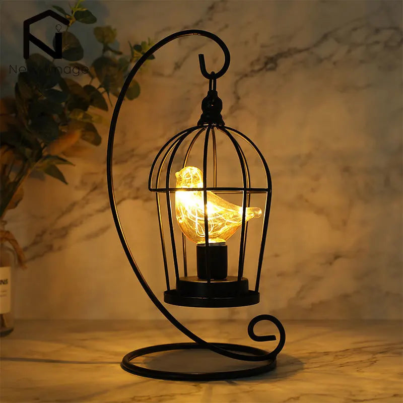 Warm White Fairy Light Birdcage Lamp with Metal Frame and Bird Accent
