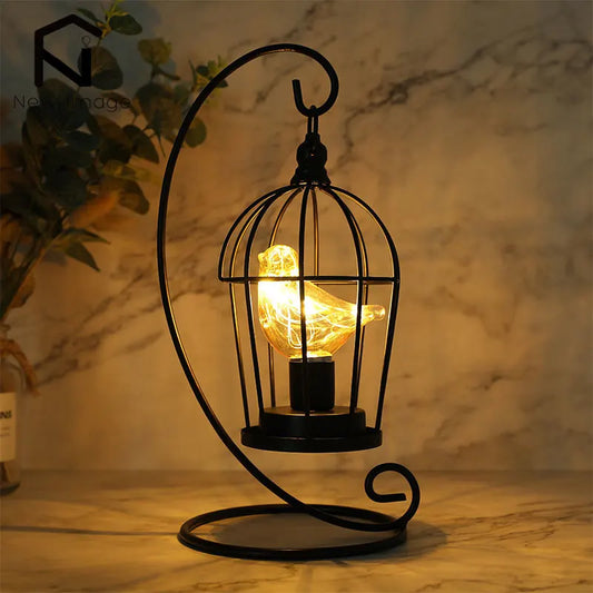 Warm White Fairy Light Birdcage Lamp with Metal Frame and Bird Accent