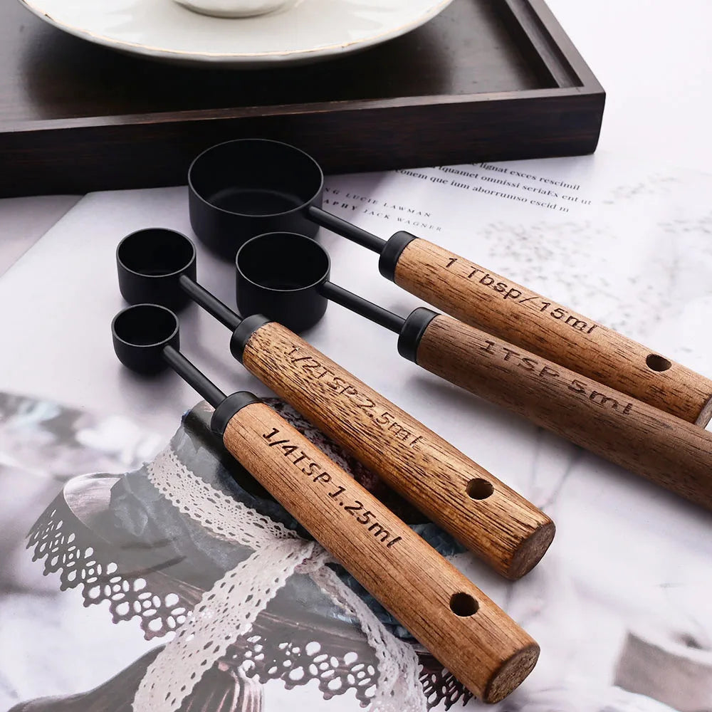 Measuring Cup and Spoon Set with Engraved Markings and Wooden Handles, 8-Piece