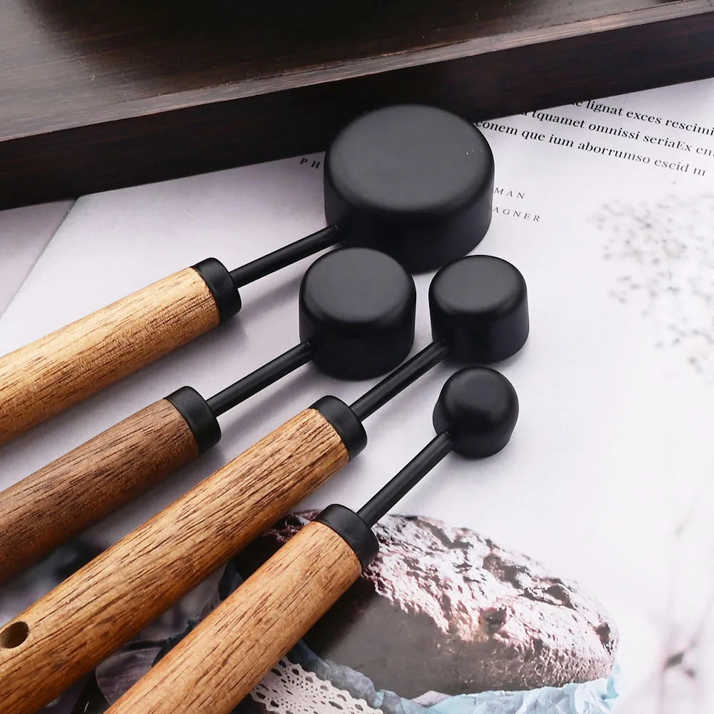 Measuring Cup and Spoon Set with Engraved Markings and Wooden Handles, 8-Piece
