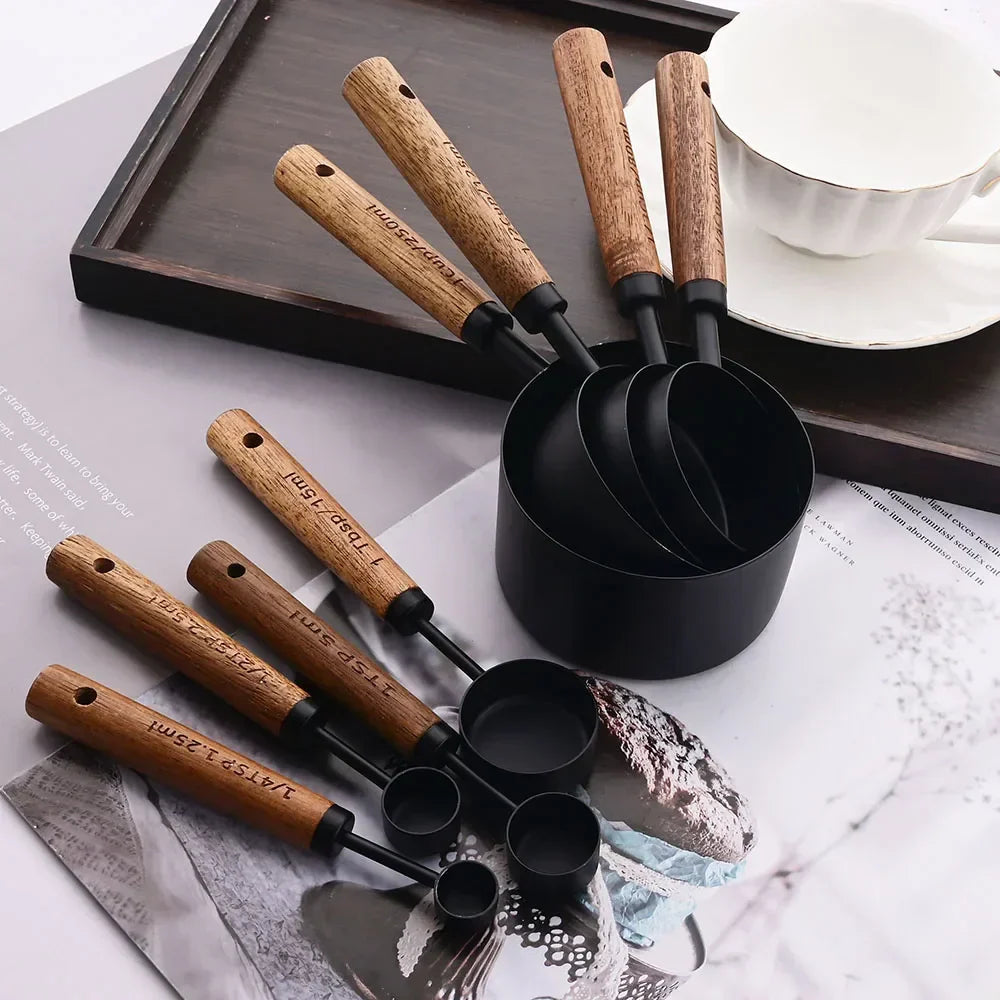 Measuring Cup and Spoon Set with Engraved Markings and Wooden Handles, 8-Piece